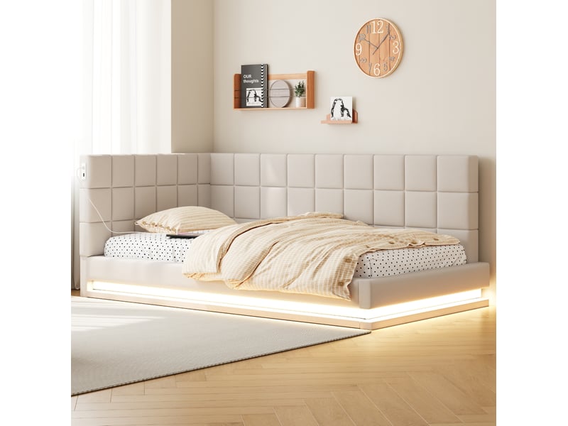  Modenvie banquette-lit 90x200 cm - avec led et port usb, sommier inclus, sans matelas - beige  - Conforama D