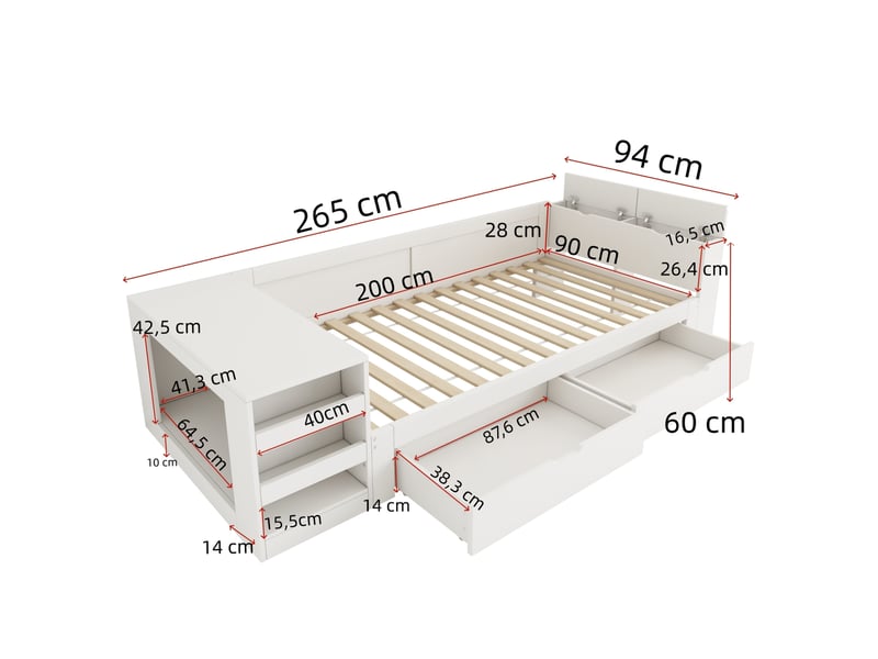 Lit simple 90x200 cm avec rangement, blanc, sans matelas - Conforama C