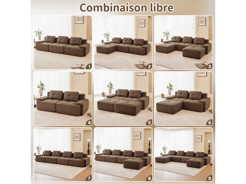 Canapé modulable 3 places en velours côtelé marron 293 x 104 x 69 cm, assise profonde, sans montage, salon W3325S00164 - Conforama W