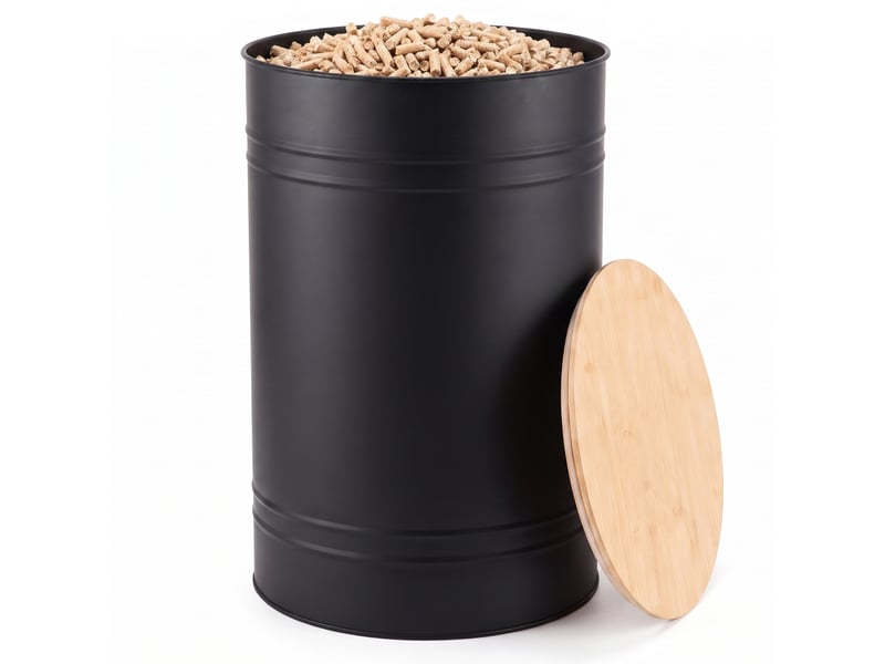  Casabel réservoir pellets &amp; granulés rond, cap. 45kg, métal noir, couvercle bambou, compact &amp; élégant, pour poêle  - Conforama A