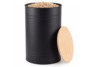 Casabel réservoir pellets & granulés rond, cap. 45kg, métal noir, couvercle bambou, compact & élégant, pour poêle