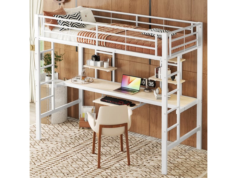 Lit mezzanine 200×90 cm avec bureau, 2 étagères et tablette pour clavier, sans matelas, en métal blanc - Conforama B