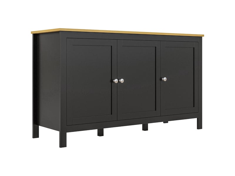  Buffet de rangement, 3 portes, 2 étagères réglables, plateau aspect bois clair, 120x40x70 cm, noir  - Conforama B
