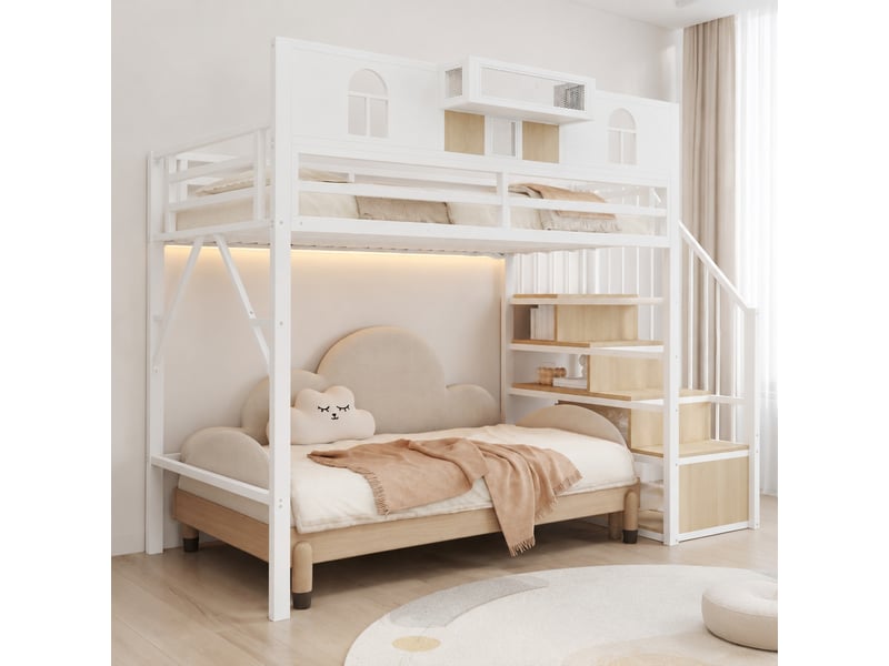 Lit mezzanine 90 x 200 cm, avec échelle de rangement, bande lumineuse, compartiment, fenêtre, panneaux en bois et éléments en grillage métallique, garde-corps surélevé, cadre métallique stable, blanc - Conforama B