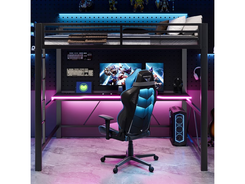  Lit mezzanine gaming 140x200 cm noir, avec bureau, led, usb, rangements, structure métal, sommier inclus, sans matelas  - Conforama R