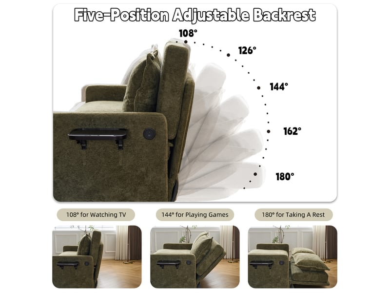 Canapé convertible corda, vert, fonction sommeil, usb, dossier réglable 5 positions, rangement, chenille - Conforama E