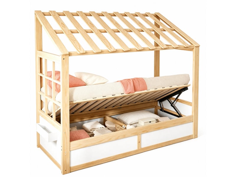  Lit cabane, 90x200 cm, rangement hydraulique, fenêtre, avec toit, matelas non inclus, bois, coloris blanc et naturel  - Conforama A