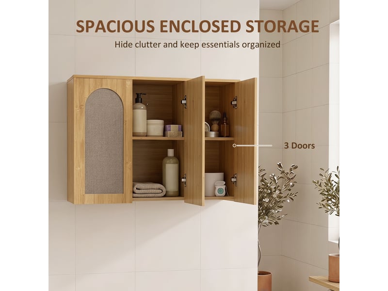  Armoire murale de salle de bain bohème avec 3 portes effet rotin à fermeture douce et étagère réglable, chêne  - Conforama E