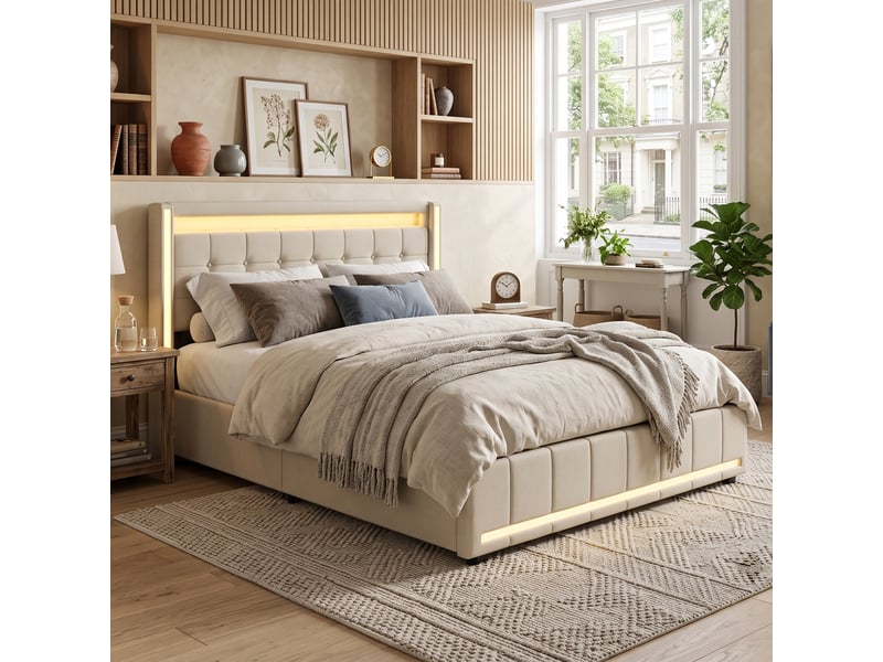  Dreammespace lit double adulte 140x200 cm avec 4 tiroirs et prises usb type-c cadre led multicolore sommier à lattes tissu lin beige DreamMespace - Conforama C