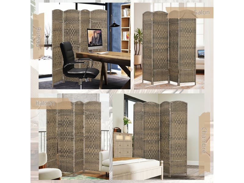  Paravent intérieur en bois 4 panneaux séparateur de pièce pliable pour salon chambre 180 x 180 cm foncé chêne  - Conforama W
