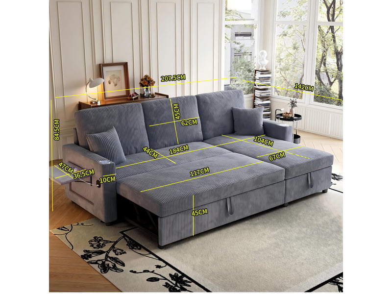  Canapé d'angle l 207.5x142x84.5 cm - 3 places - convertible - rangement - modulaire - méridienne - tissu côtelé - gris CozyNest - Conforama C
