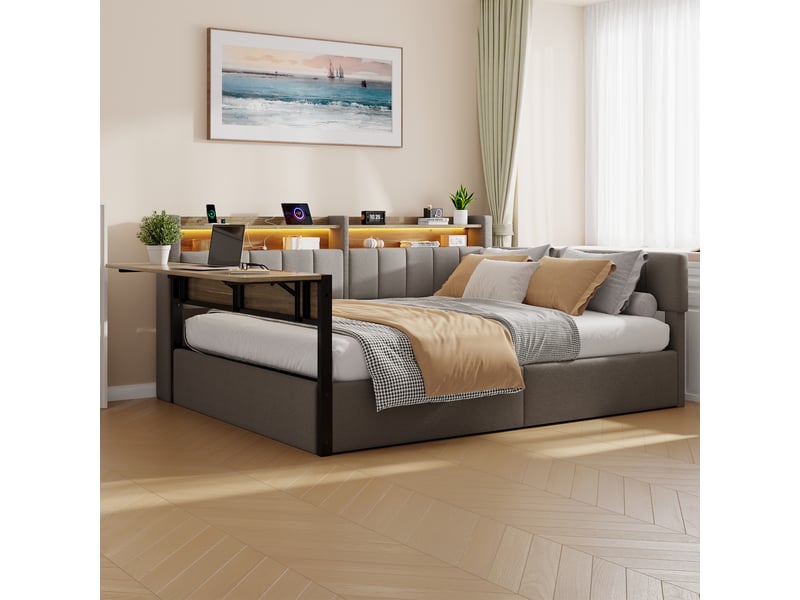  Lit de repos capitonné 140x200cm avec led,usb,rangement hydraulique,tablette rabattable,tables de chevet,velours,sans matelas,gris  - Conforama W