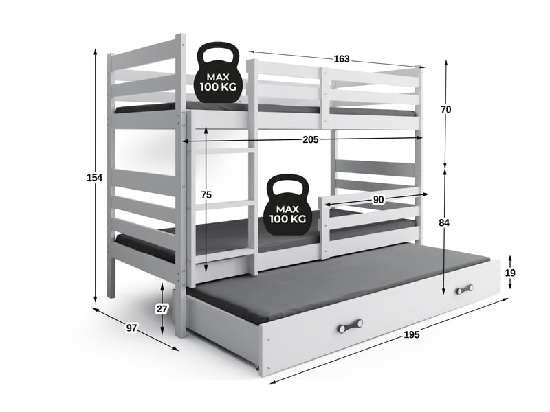 Lit superposé 3 places eric 90x200 cm + lit tiroir 80x190 cm interbeds - bois massif de pin - blanc  - Conforama C