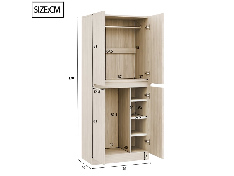  Armoire avec penderie et compartiments de rangement 70x40x170 cm, coloris bois naturel  - Conforama E
