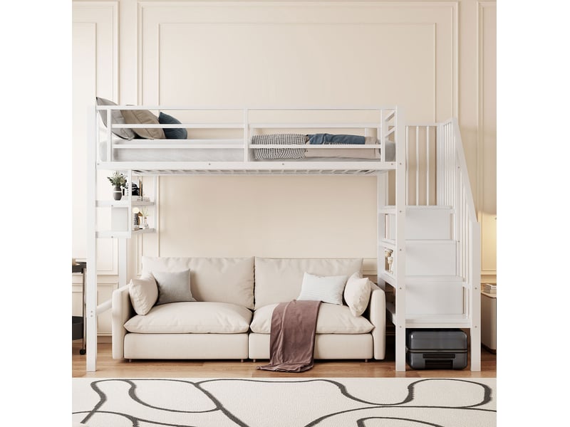  Lit surélevé enfant 90 x 200 cm, escalier de rangement et étagères, blanc  - Conforama D