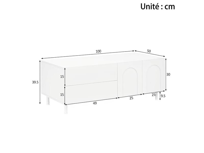  Table basse blanche rectangulaire avec 2 tiroirs et 2 portes motif arc, pieds acier, 100x50x39.5 cm  - Conforama D