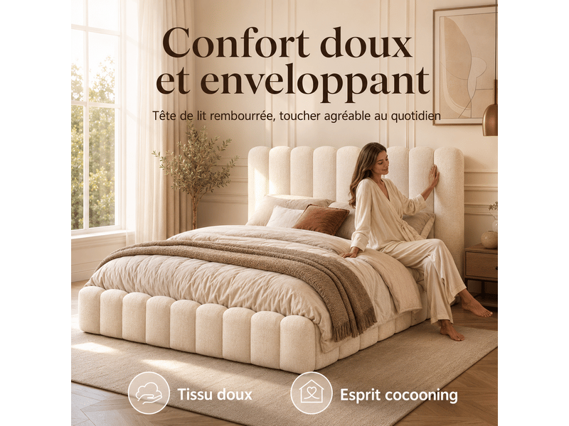  Lit coffre 160x200cm avec rangement et sommier à lattes -  lit bubble 2 personnes - cadre de lit - lit rembourré lit double hydraulique avec éclairage led port usb rangement et sommier à latte - tissu en lin - chambre adulteado …  - Conforama W
