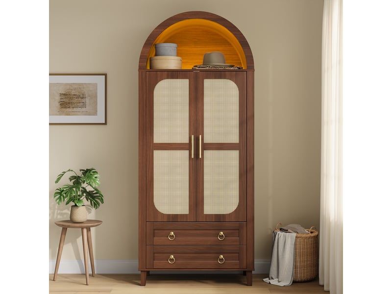 Armoire cintrée, niche ouverte en haut, led pilotée par app, rangement 2 portes avec façade décor rotin, tringle intérieure, 2 tiroirs bas - Conforama B
