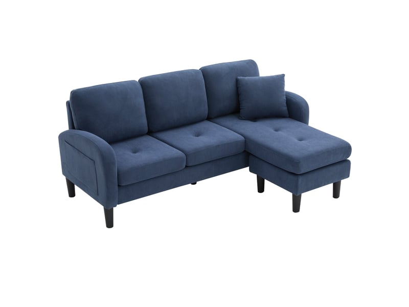 Canapé d'angle en l modulable, canapé 3 places velours côtelé bleu avec méridienne réversible, adapté aux petits espaces, 166x118x77 cm. - Conforama A