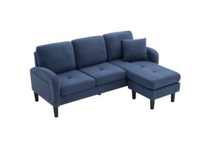 Canapé d'angle en l modulable, canapé 3 places velours côtelé bleu avec méridienne réversible, adapté aux petits espaces, 166x118x77 cm.