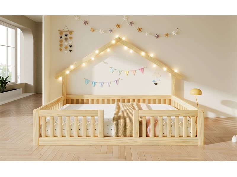  Lit cabane 140x200 cm, couchage près du sol, guirlande led, toit et barrières avec ouverture, pin et mdf, naturel  - Conforama B