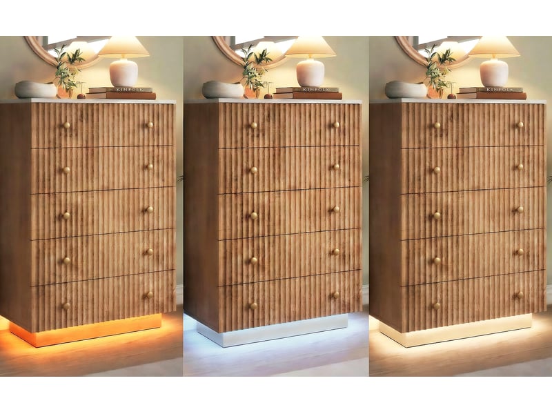 Commode chambre 5 tiroirs, commode bois, éclairage led et grande capacité, meuble de rangement 73x40x111 cm, chêne clair - Conforama D