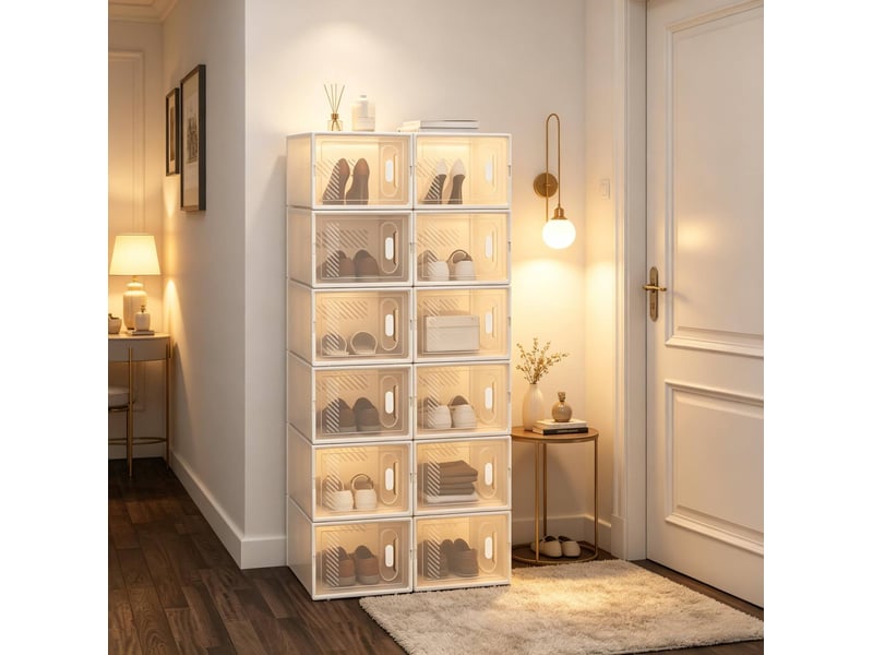  Boîtes à chaussures empilables tcqpz lot de 12 modulaires transparent et blanc 25 x 18,5 x 35,5 cm  - Conforama E