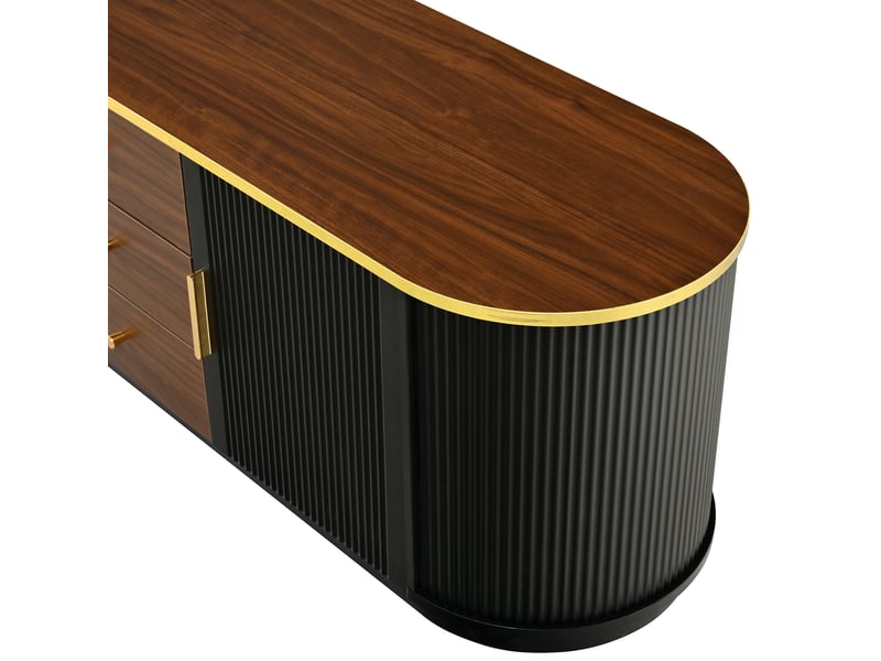  Meuble tv 180x40x46 cm – noir – 3 tiroirs, 3 portes, passage de câbles intégré, design moderne arrondi  - Conforama E