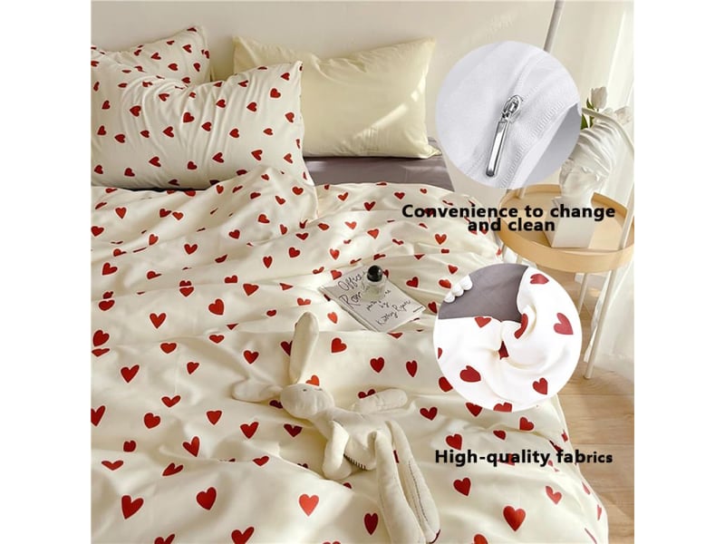 Housse de couette coeur 200x230 rouge avec 2 taies d'oreiller 48x74 cm - parure housse de couette microfibre rouge et blanche - housse de couette 2 personnes avec zip  - Conforama B