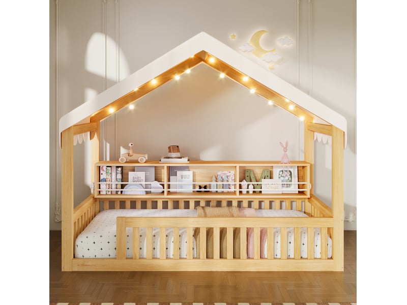 Lit cabane jeune 90x200 cm avec baldaquin, led et bibliothèque, bois naturel - Conforama D