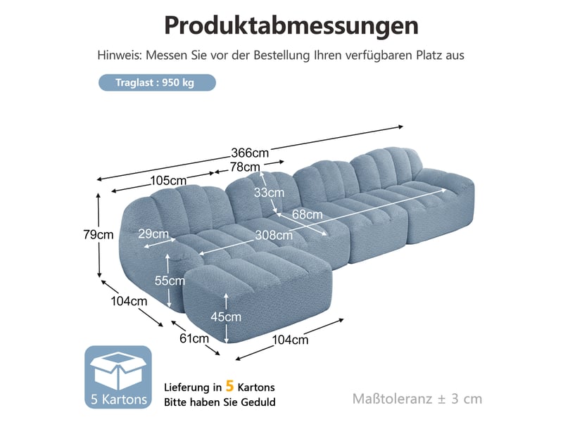 Canapé modulaire 4 places bleu en tissu bouclette avec ottoman, forme coquillage pour votre salon confortable - Conforama C