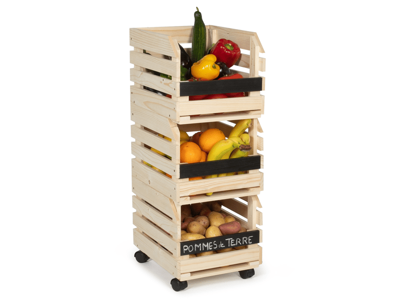 IDMarket Lot De 3 Clayettes En Bois Empilables Pour Fruits Et Légumes - Avec Roulettes, Ardoise & Design Aéré