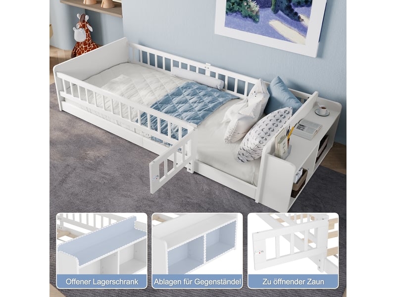  Lit enfant en bois 90 x 200cm sans matelas, pin, rangement ouvert, porte à ouvrir, blanc  - Conforama C