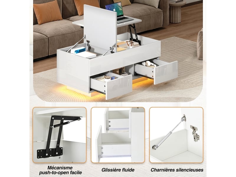 Table basse relevable avec éclairage led 100x45x43cm - table de salon blanche haute brillance rangement caché - Conforama E