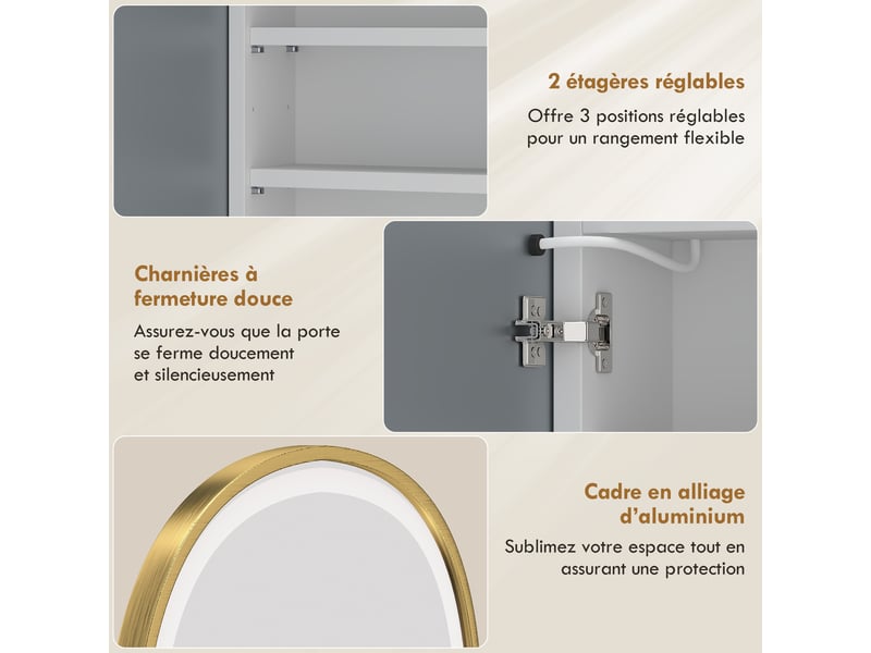  Armoire murale salle de bain avec miroir et éclairage led, porte arquée, anti-buée, doré, 50x14,5x70cm  - Conforama W