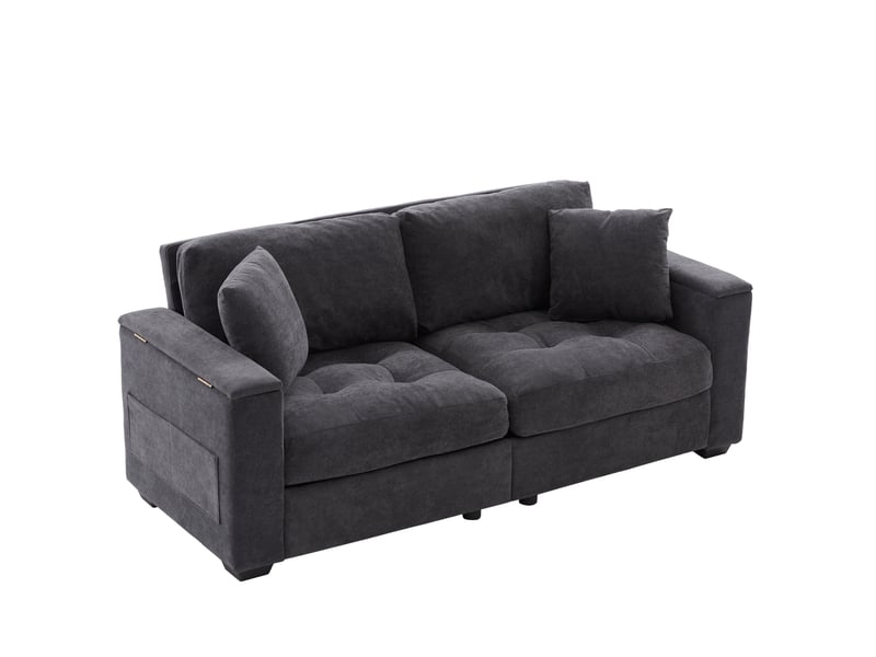 Canapé droit 2 places 180 cm avec rangement intégré dans les accoudoirs, poches latérales, 2 coussins et mousse haute densité, chenille, gris foncé - Conforama A