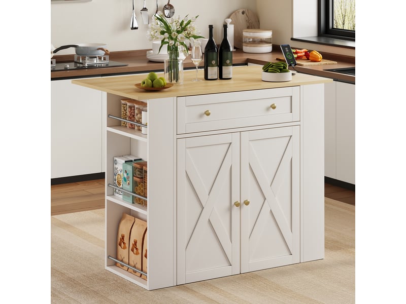  Desserte de cuisine avec 2 portes, tiroir, étagères latérales, plateau rabattable et prises, 120 × 75 × 97 cm, blanche  - Conforama C