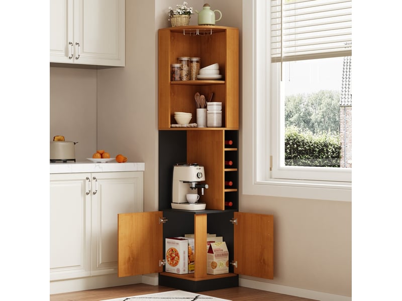  Meuble d'angle bar avec porte, 4 casiers à vin et porte-verres, en mdf naturel pour cuisine et séjour, 40 × 40 × 182 cm  - Conforama B