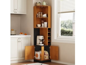 Meuble d'angle bar avec porte, 4 casiers à vin et porte-verres, en mdf naturel pour cuisine et séjour, 40 × 40 × 182 cm