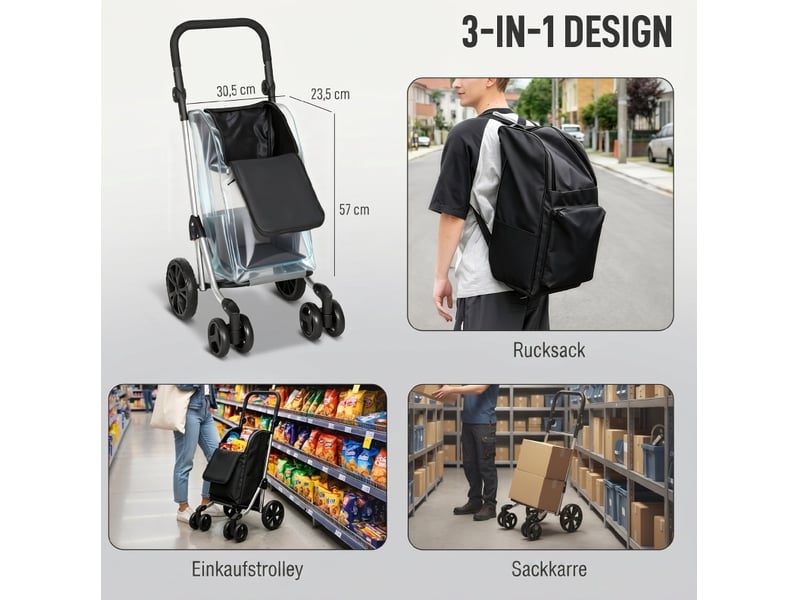  Chariot de courses pliable 58 x 44 x 100 cm – noir – sac 46 l isotherme, 6 roues et cadre aluminium  - Conforama E