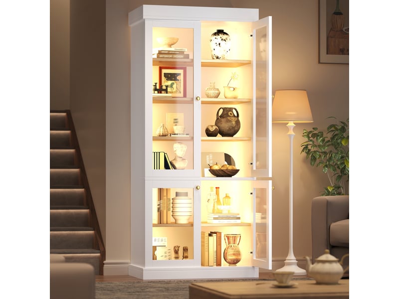  Vitrine lot de 2 avec 4 portes vitrées, 160 x 40 x 180 cm, éclairage led, étagères réglables et double anti-basculement, mdf, blanc Morn Vibe - Conforama B