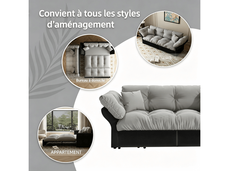  Canapé-lit 3 en 1 190 cm en velours gris avec lit gigogne et 2 coussins pour salon IKSETERA TRADING LTD - Conforama E