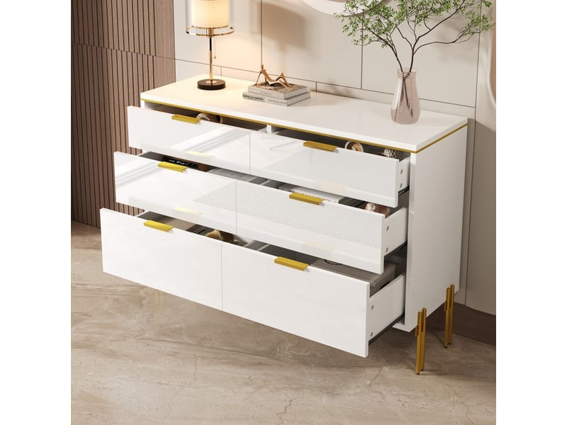  Buffet, meuble de rangement, 6 tiroirs, portes brillantes, meuble d'entrée, adapté au salon, à la salle à manger ou au bureau, blanc  - Conforama D