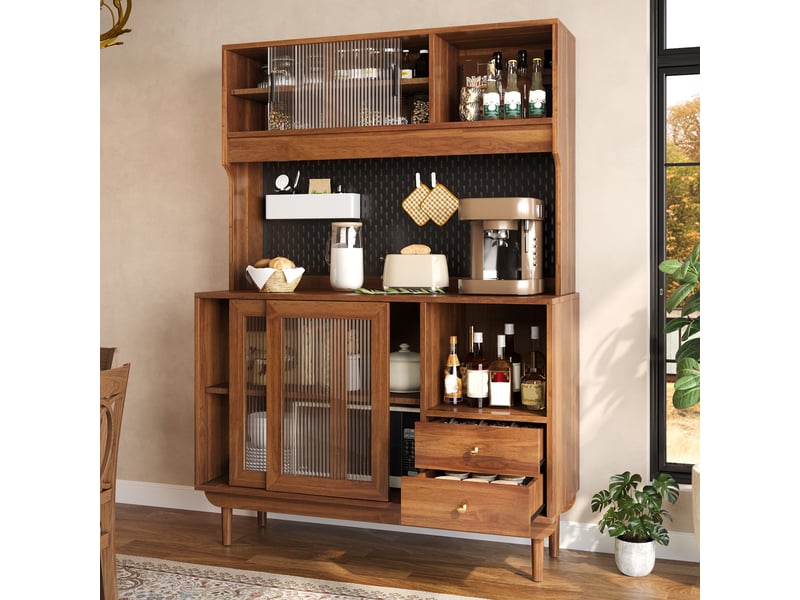 Meuble de cuisine muvano, buffet haut couleur noyer, 4 portes coulissantes en verre strié, 117 × 30 × 170 cm - Conforama C
