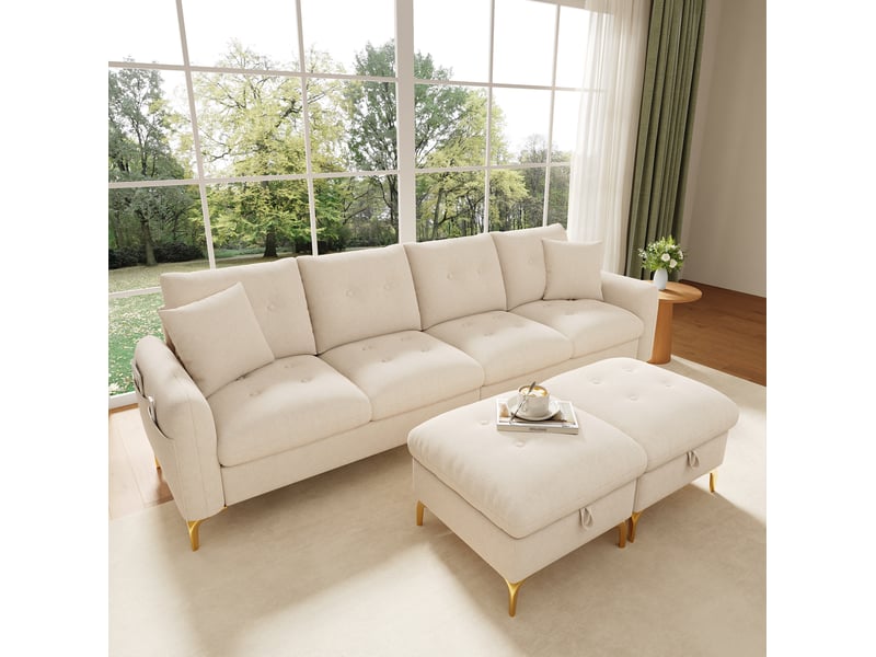  Canapé d'angle convertible modulable 4 places en tissu beige avec 2 poufs de rangement, style rétro pour le salon  - Conforama E