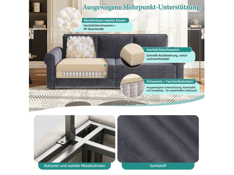  Canapé-lit 3 places 238x90x98 cm 3-en-1 avec coussin de dossier réglable, pour salon, en mousse et velours côtelé, gris  - Conforama E