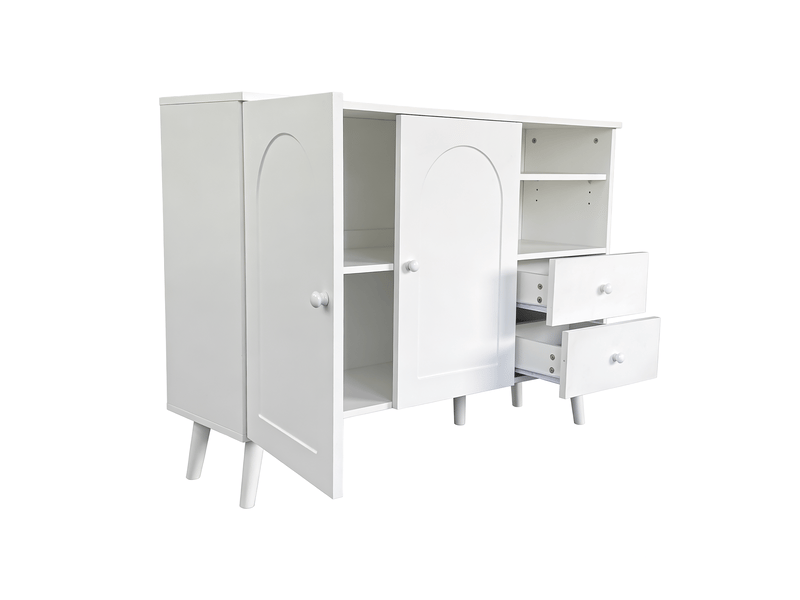  Meuble tv 4 portes avec façades rainurées et extrémités arrondies, 180 x 35 x 50 cm, panneaux de particules et mdf, bois naturel evarich - Conforama E