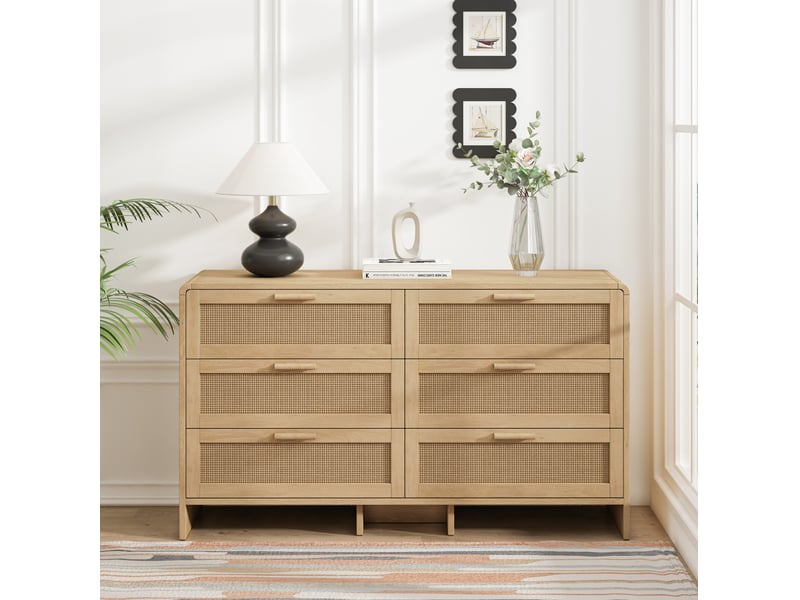  Meuble de rangement 130x40x74 cm, 6 tiroirs, armoire de rangement, commode,en mdf, couleur naturelle, coins arrondis  - Conforama D