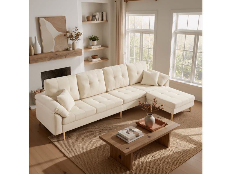Canapé droit 4 places avec pouf modulable en angle, assise rembourrée et pieds hauts en fer, velours côtelé beige clair - Conforama B