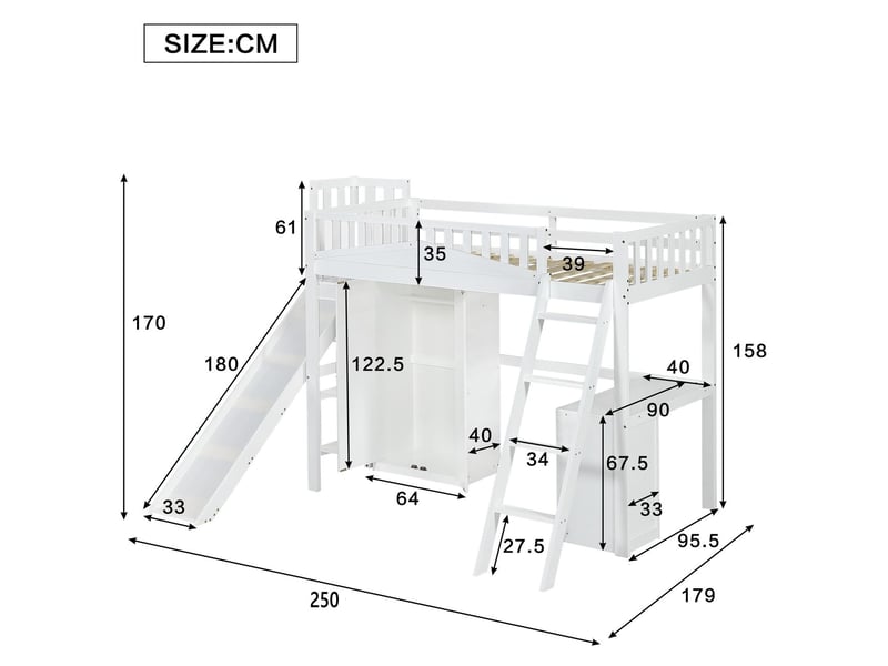 Lit superposé enfant 90x200, toboggan intégré, bureau + penderie, pin mdf blanc - Conforama C